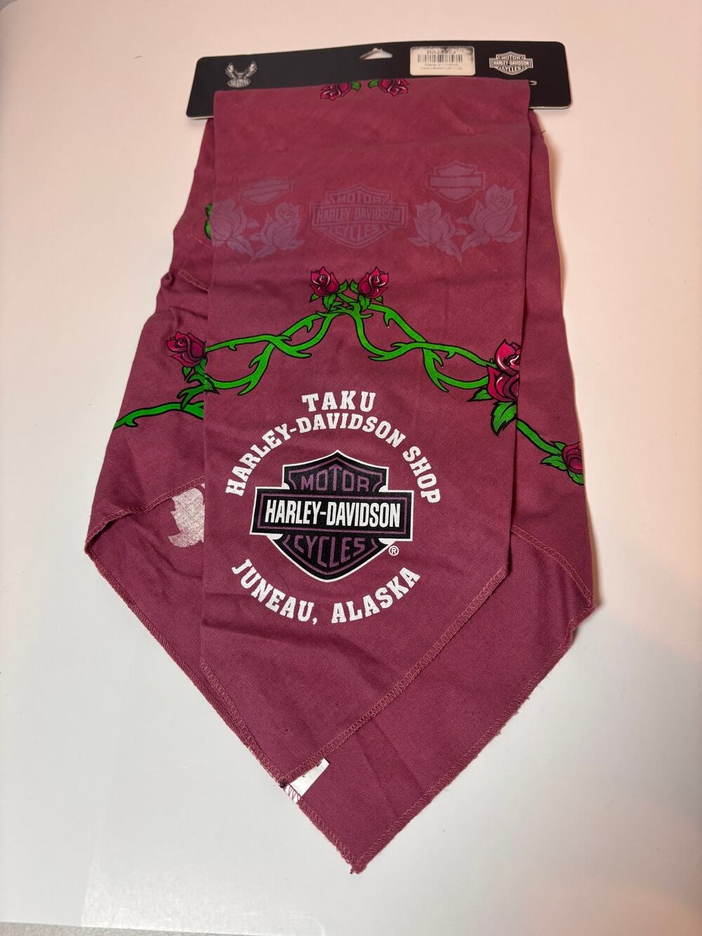 VTG 90’s Women’s Taku Harley-Davidson Shop Bandana Maroon Juneau Serpent Rose
